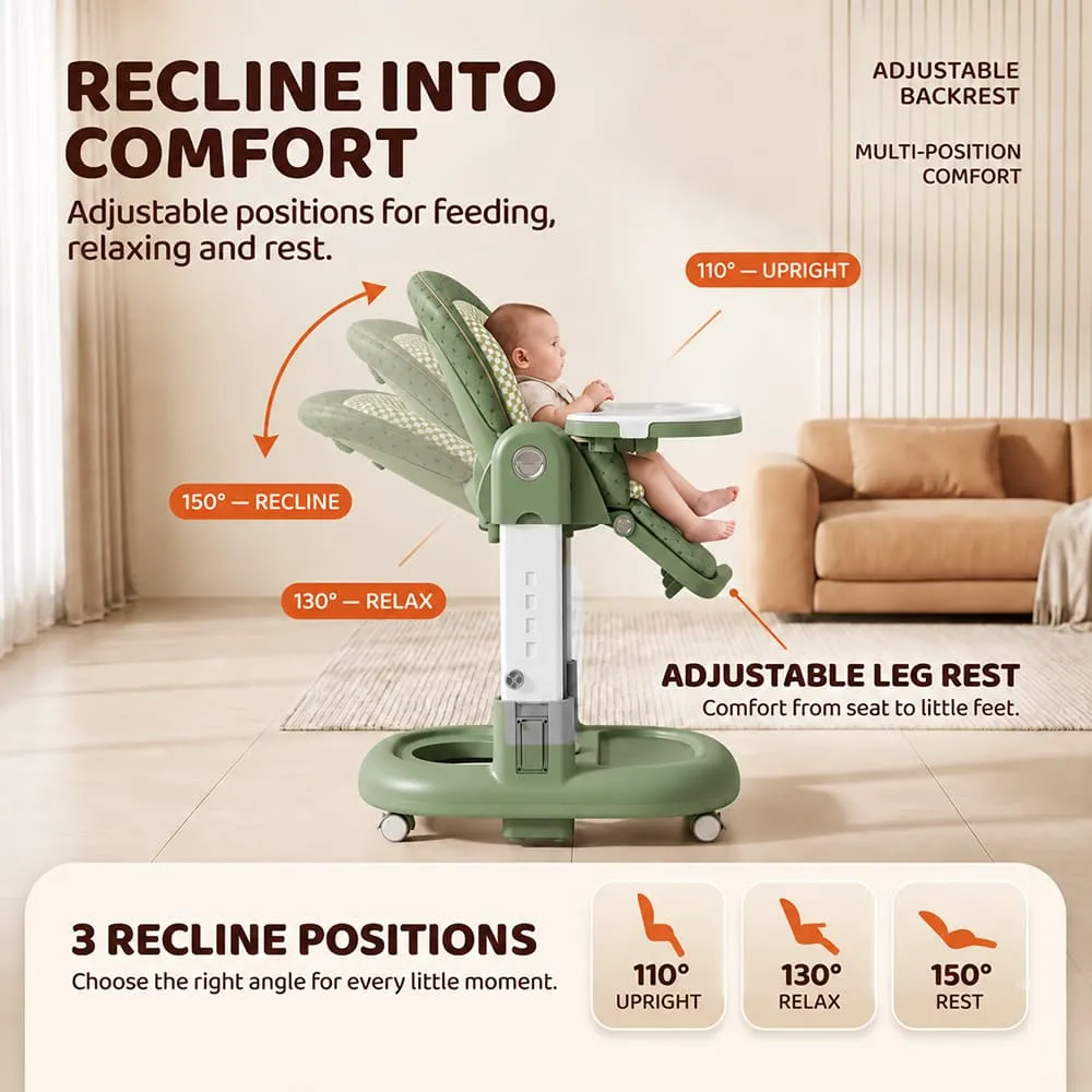 recline in comfort mode Tinytrek 3 in 1 Modular Baby High Chair Green