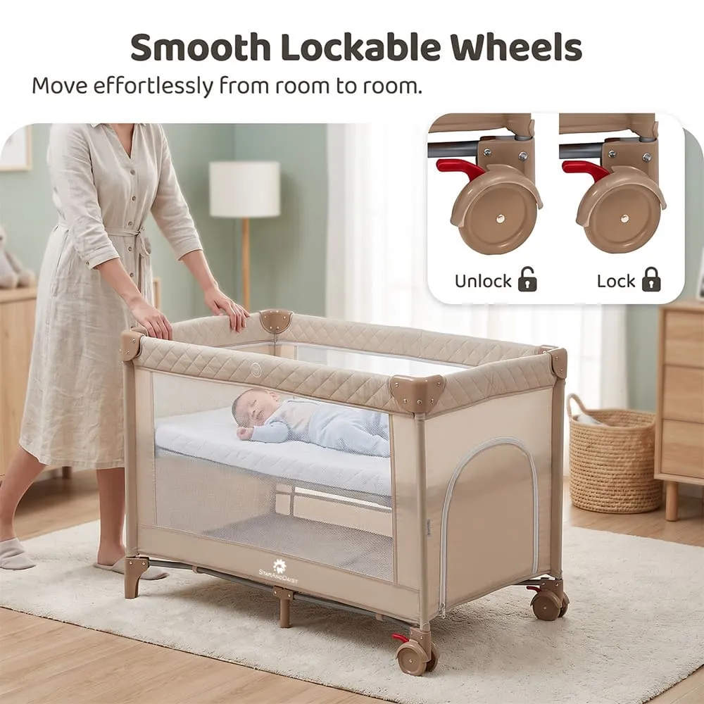 smooth lockable wheels Cozycove Baby Crib Light brown