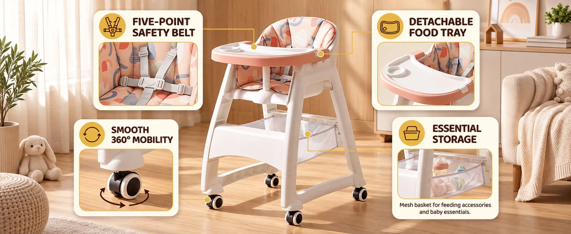 Tiny Dine Baby High Chair with 5-Point Safety Belt