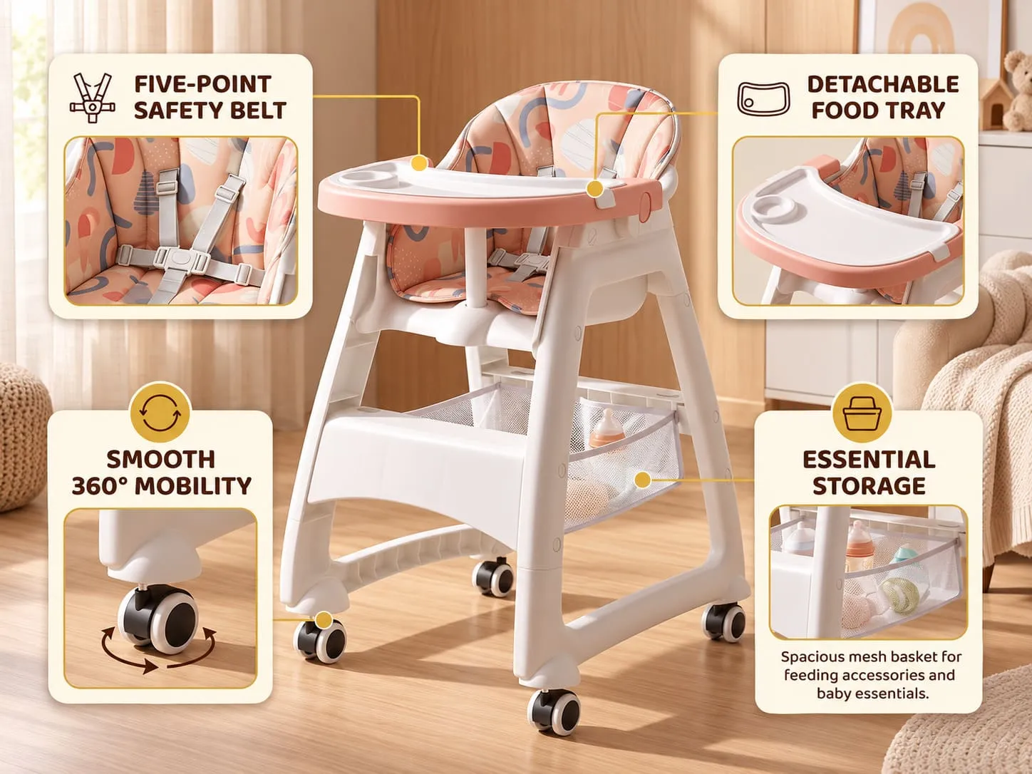 Tiny Dine Baby High Chair with 5-Point Safety Belt