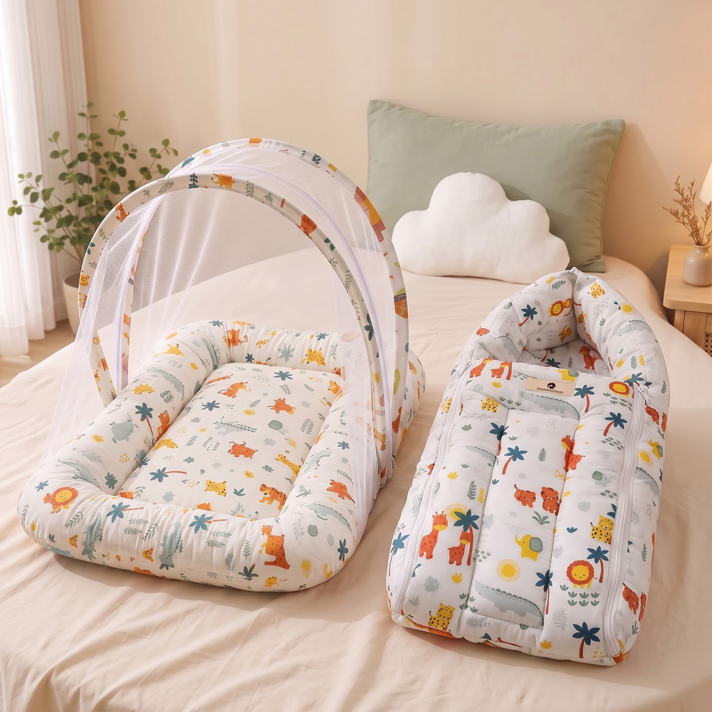 StarAndDaisy Baby Bed Set with Mosquito Net and Baby Sleeping Bag Combo, Travel-Friendly Newborn Bed – Lion Print