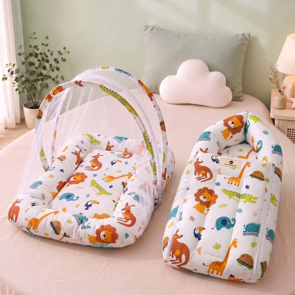StarAndDaisy Baby Bed Set with Mosquito Net and Baby Sleeping Bag Combo, Travel-Friendly Newborn Bed – Kangaroo Print