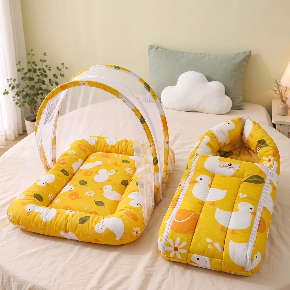 StarAndDaisy Baby Bed Set with Mosquito Net and Baby Sleeping Bag Combo, Travel-Friendly Newborn Bed – Duck Print