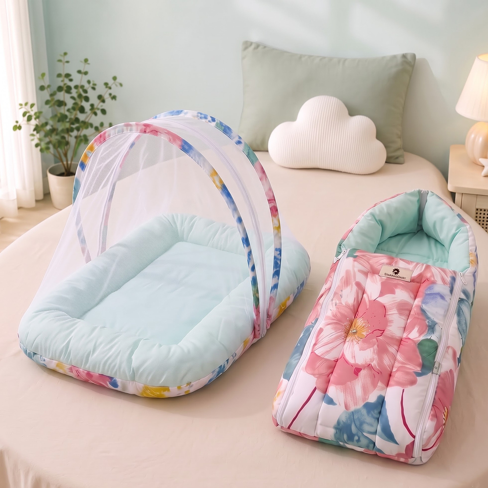 StarAndDaisy Baby Bed Set with Mosquito Net and Baby Sleeping Bag Combo, Travel-Friendly Newborn Bed – Flower Print