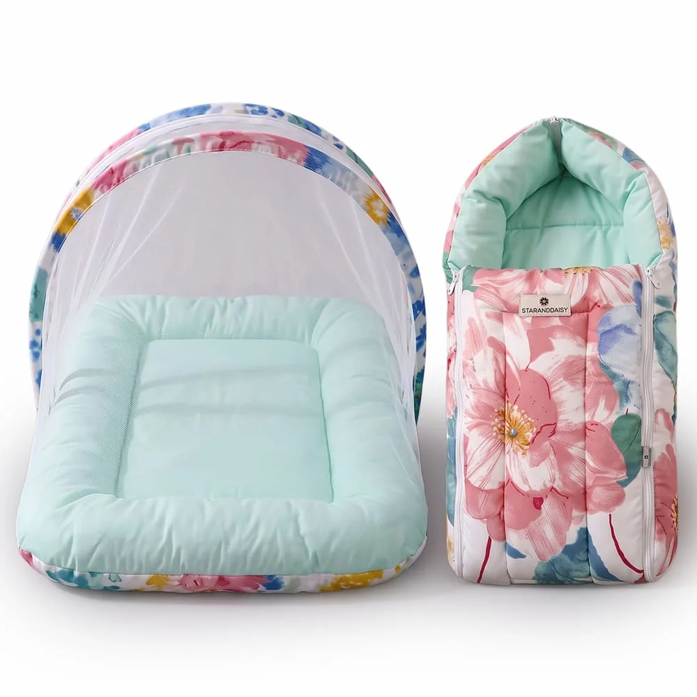 StarAndDaisy Baby Bed Set with Mosquito Net and Baby Sleeping Bag Combo, Travel-Friendly Newborn Bed – Flower Print