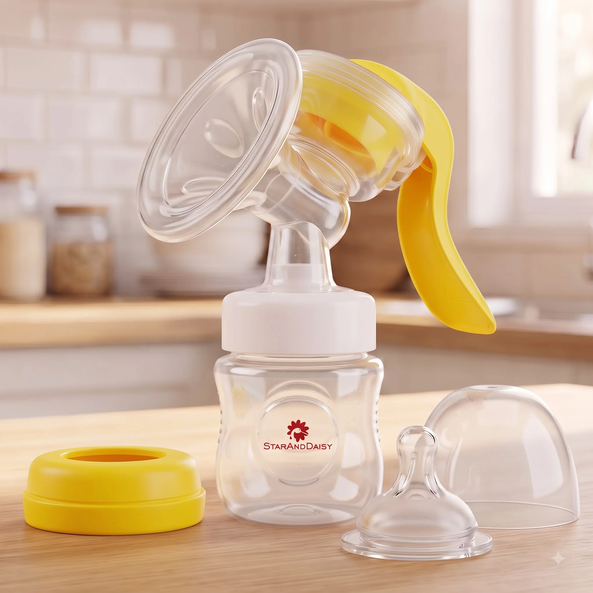 StarAndDaisy Manual Breast Pump with Soft Wide Silicone Shield, Ergonomic Handle, Backflow Protection, 125ml Feeding Bottle & Nipple, Yellow