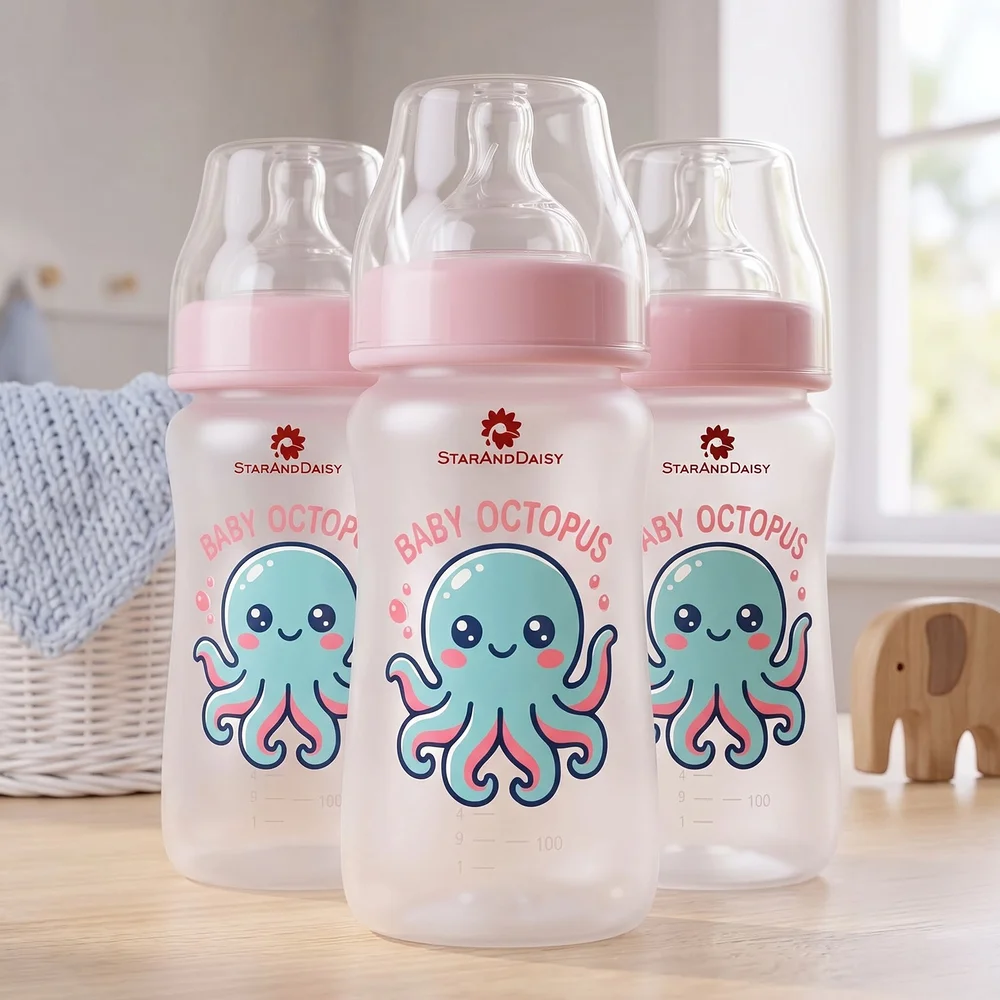 StarAndDaisy 250ml Wide Neck Baby Feeding Bottle with Soft Silicone Nipple, BPA-Free Plastic, Easy to Clean – Pink (Pack of 3)