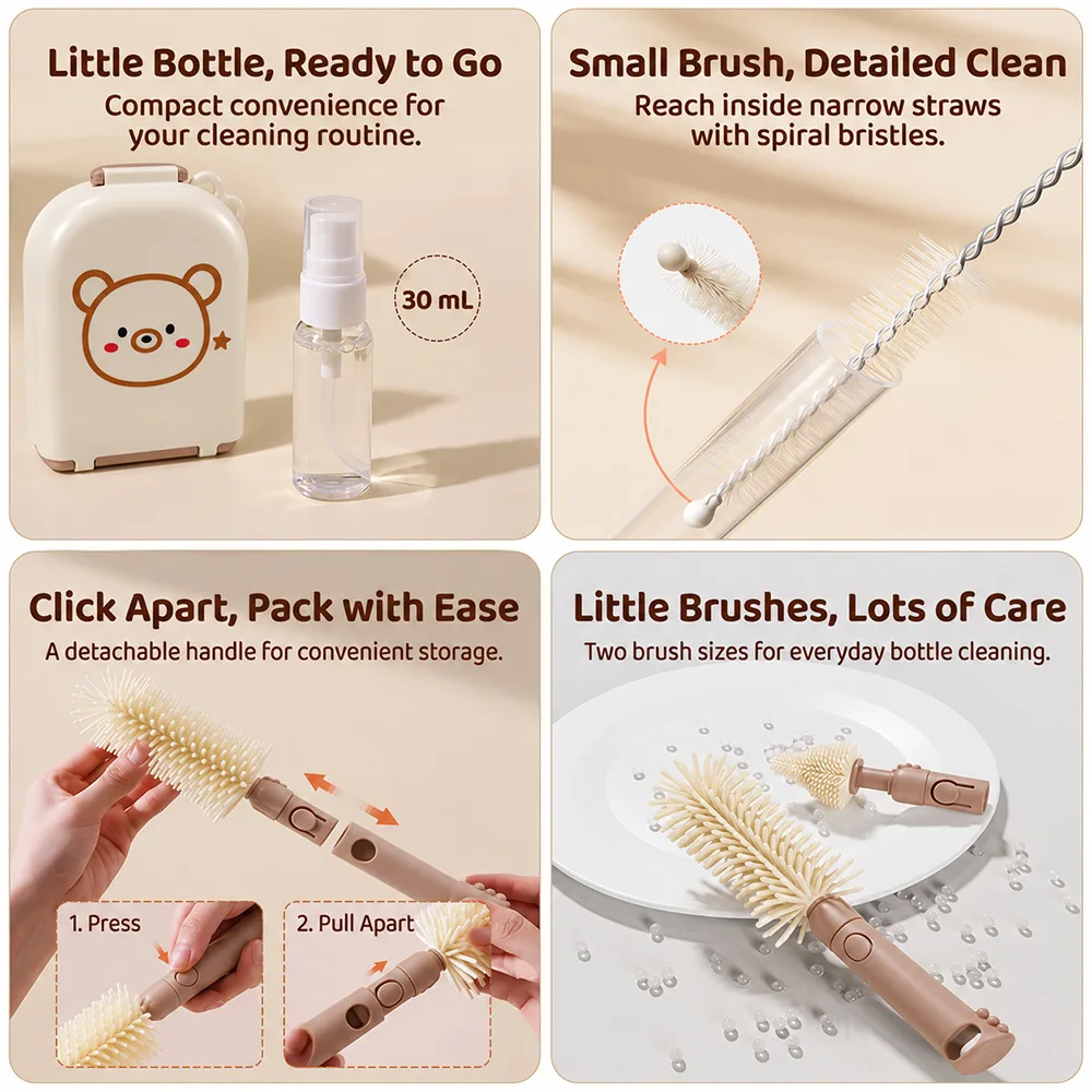 Portable bottle cleaning brush