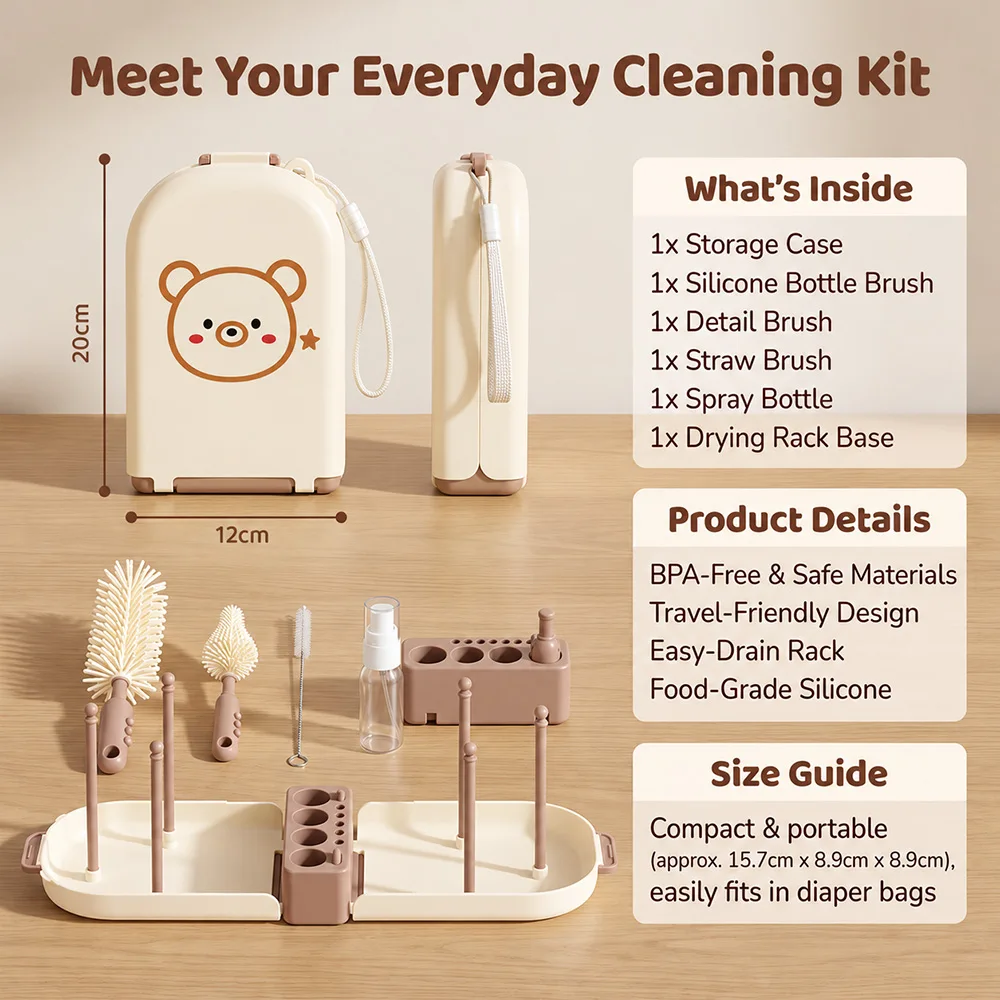 Portable bottle cleaning brush