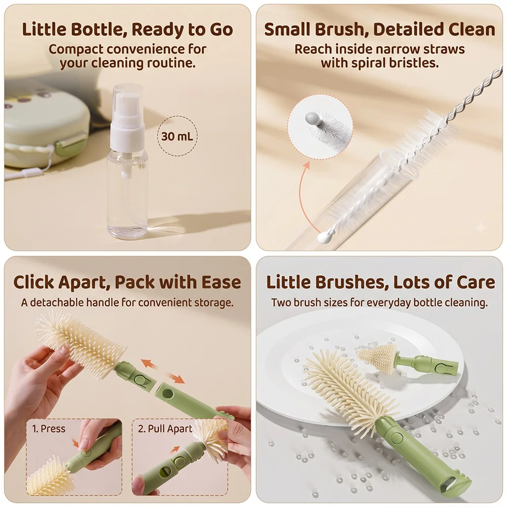 Portable bottle cleaning brush
