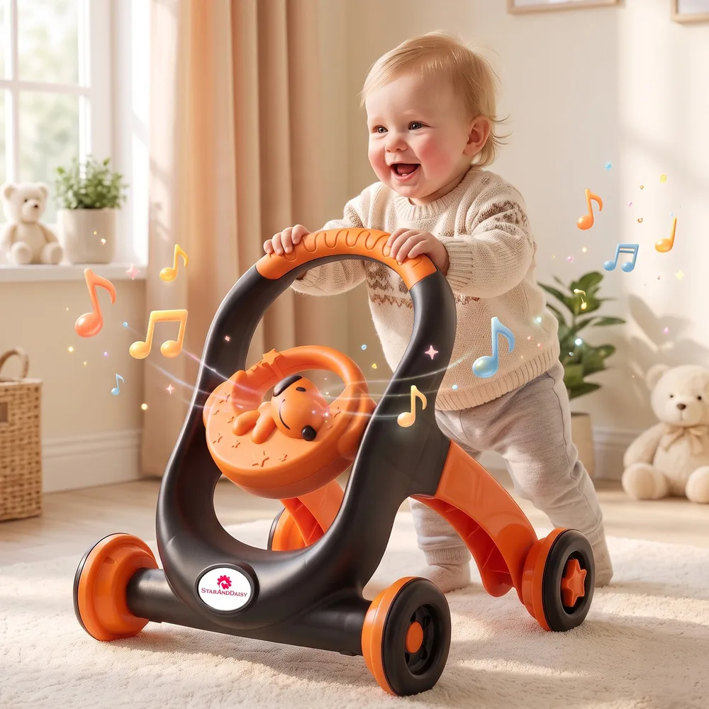 StarAndDaisy Baby Push Walker Musical Activity Toy, Ergonomic Easy-Grip Handle, Stable 4-Wheel Design & Adjustable Wheel Speed Control for Toddlers – Orange