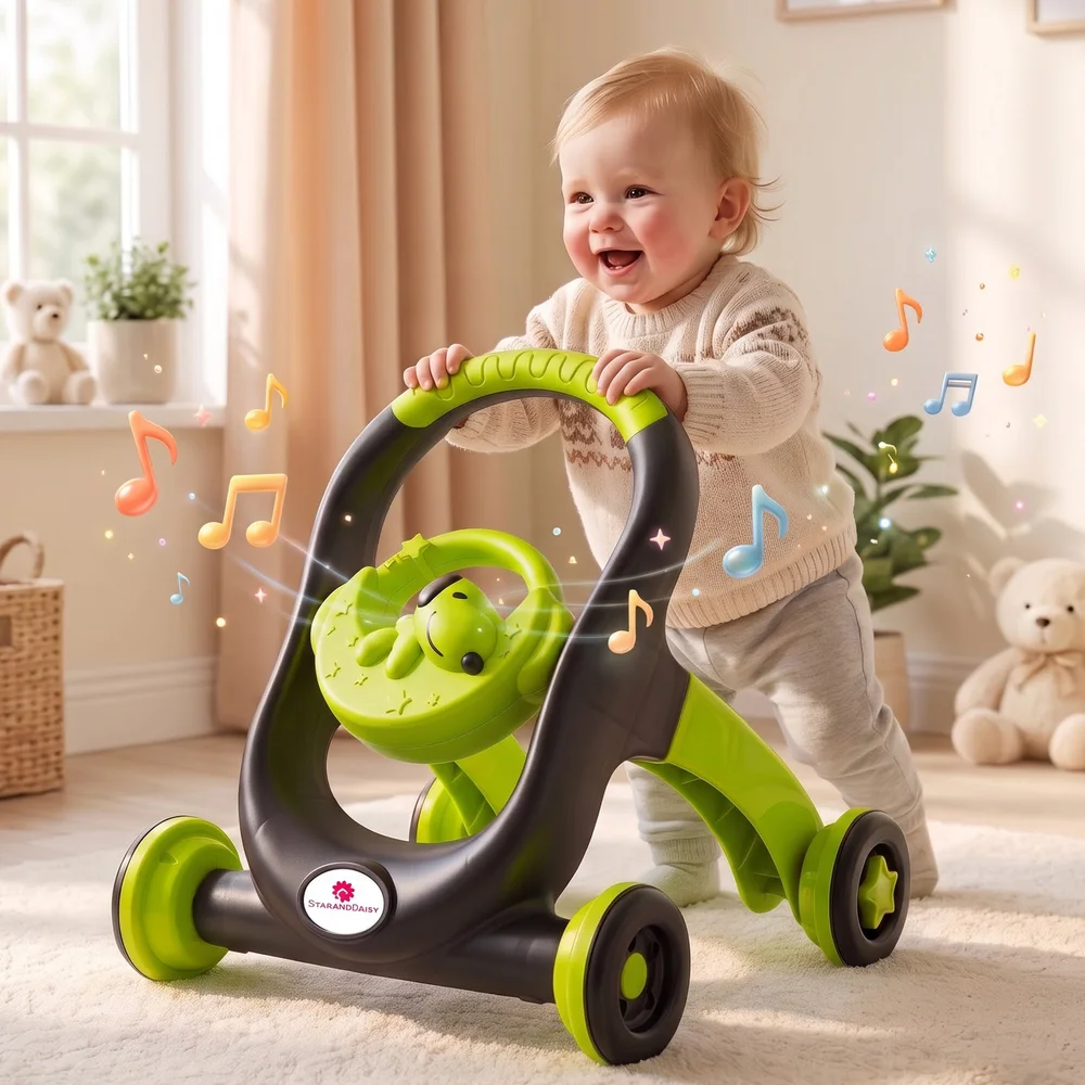 StarAndDaisy Baby Push Walker Musical Activity Toy, Ergonomic Easy-Grip Handle, Stable 4-Wheel Design & Adjustable Wheel Speed Control for Toddlers – Green