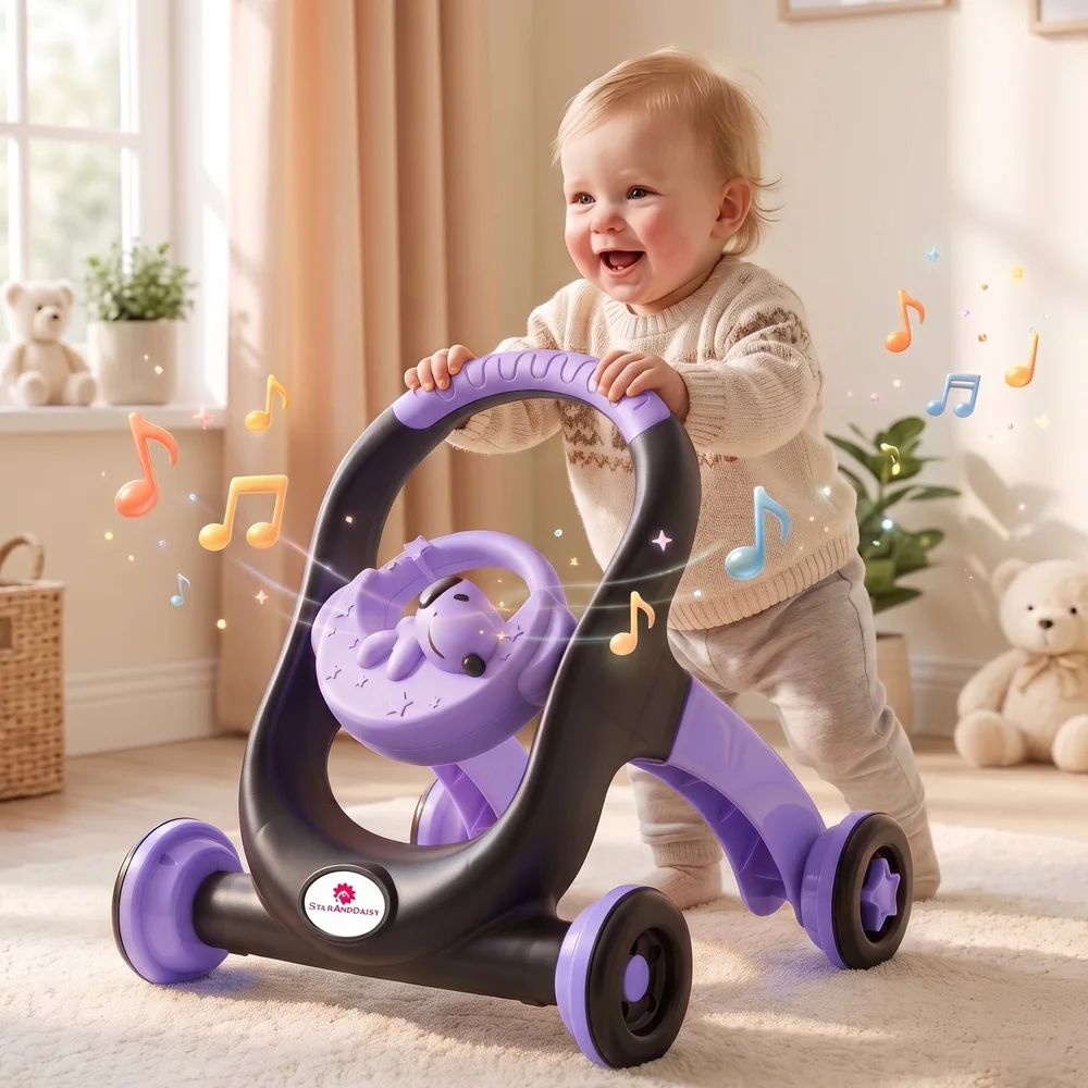 StarAndDaisy Baby Push Walker Musical Activity Toy, Ergonomic Easy-Grip Handle, Stable 4-Wheel Design & Adjustable Wheel Speed Control for Toddlers – Purple