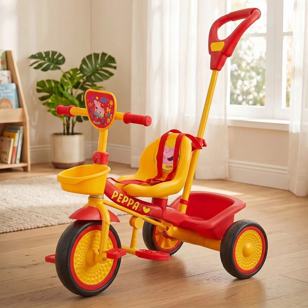 StarAndDaisy 2-in-1 Toddler Tricycle with Parent Push Handle, Safety Harness, EVA Wheels, Front and Rear Storage Baskets (Red – Yellow)