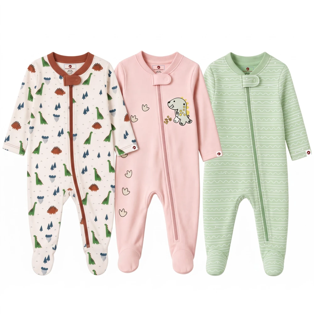 StarAndDaisy Newborn Baby Sleepsuit in 100% Interlock Cotton, Soft Footed Romper with Full-Length Zip, Pack of 3