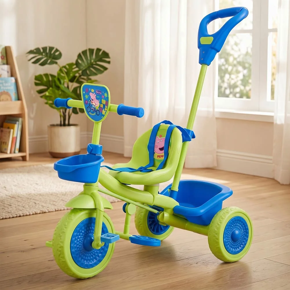 StarAndDaisy 2-in-1 Toddler Tricycle with Parent Push Handle, Safety Harness, EVA Wheels, Front and Rear Storage Baskets (Blue-Green)