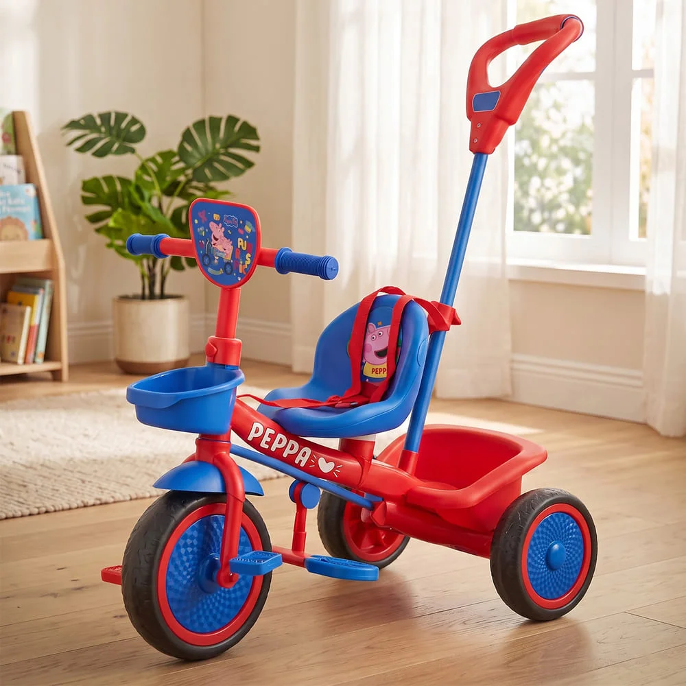 StarAndDaisy 2-in-1 Toddler Tricycle with Parent Push Handle, Safety Harness, EVA Wheels, Front and Rear Storage Baskets (Blue-Red)