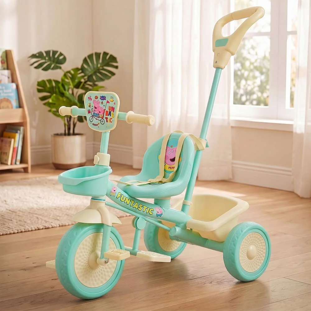 StarAndDaisy 2-in-1 Toddler Tricycle with Parent Push Handle, Safety Harness, EVA Wheels, Front and Rear Storage Baskets (Sky Blue-Yellow)
